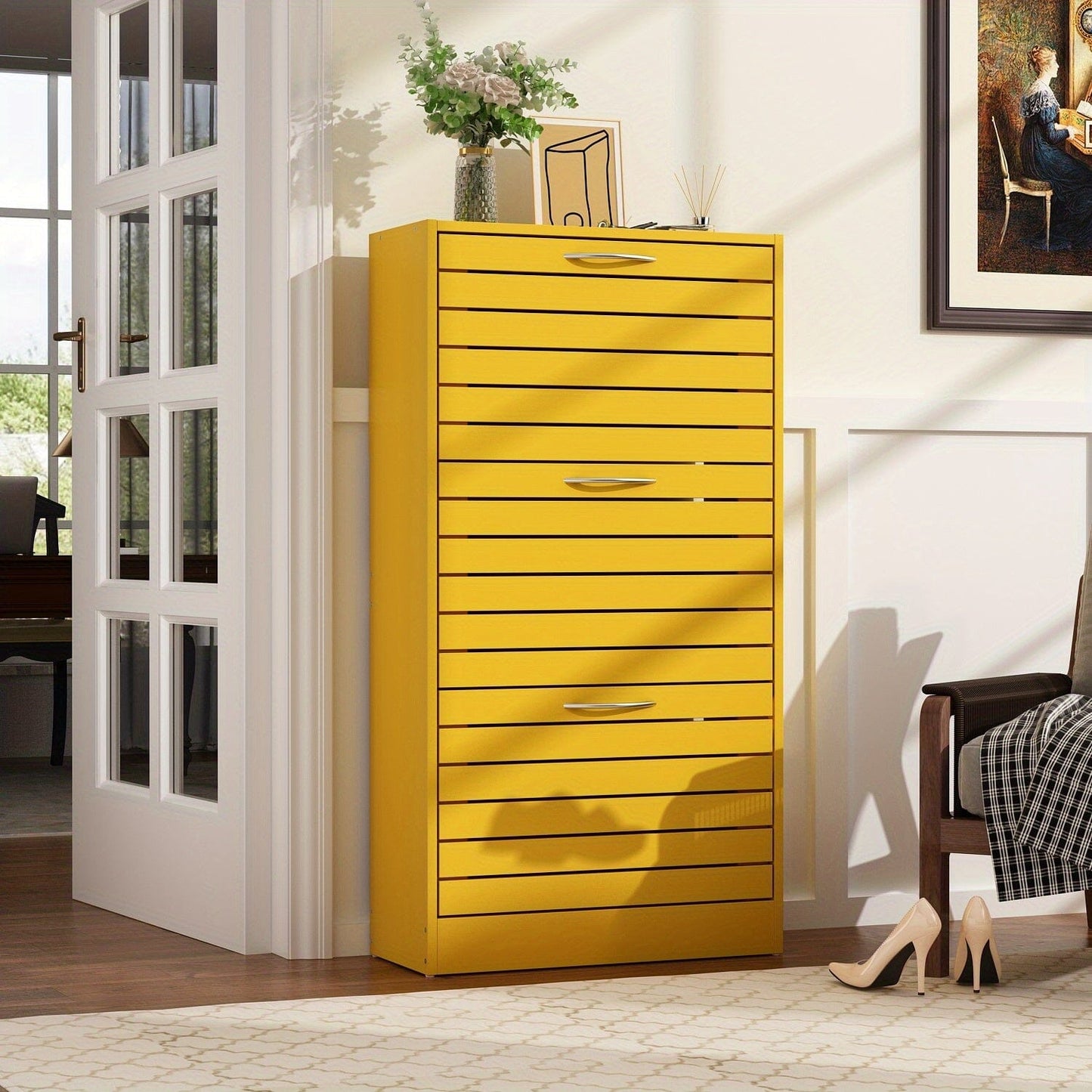 3-Drawer Shoe Storage Cabinet With Ventilate Doors, Wood 3-Tier Shoe Rack Storage Organizer For Entryway, Hallway Manwatstore