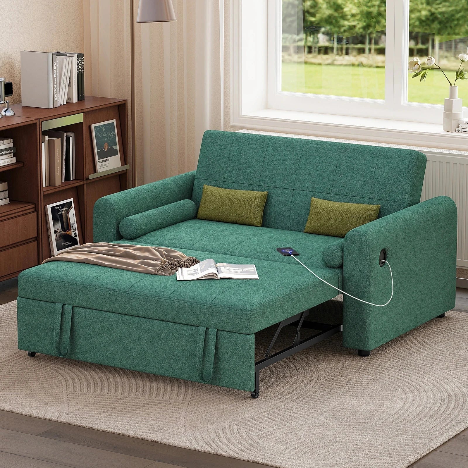 3-in-1 Convertible 2-Seater Sofa Bed with USB & Storage Pockets Sofa Bed For Livingroom Manwatstore
