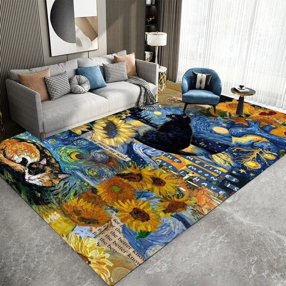 Van Gogh Style Impressionist Art Floor Carpet Starry Night Design Anti-Slip Rug for Kids Room Bedroom Living Room Home Decor