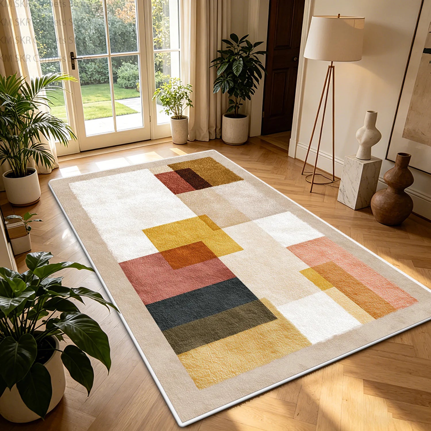Nordic Geometric Color-Block Washable Living Room Rug – Non-Slip Large Carpet