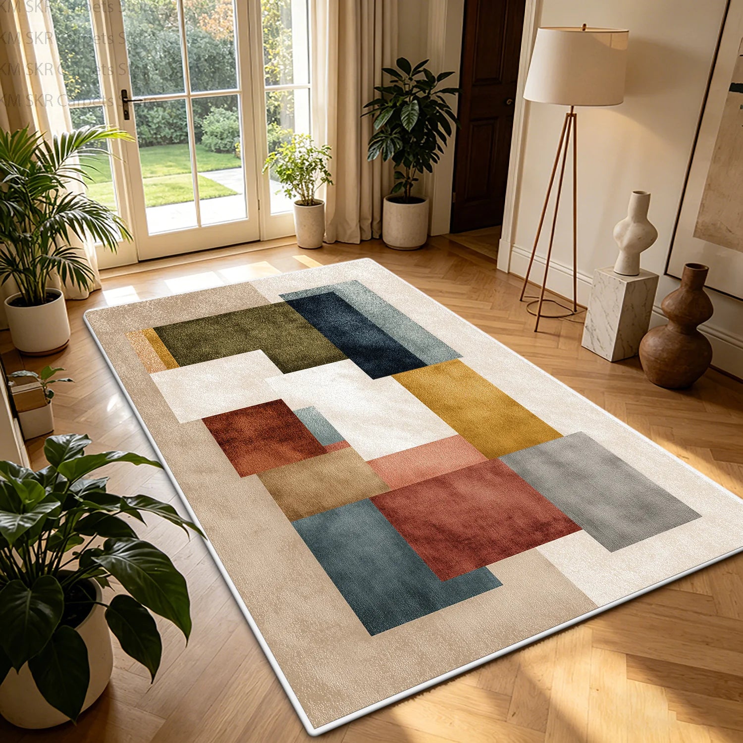 Nordic Geometric Color-Block Washable Living Room Rug – Non-Slip Large Carpet