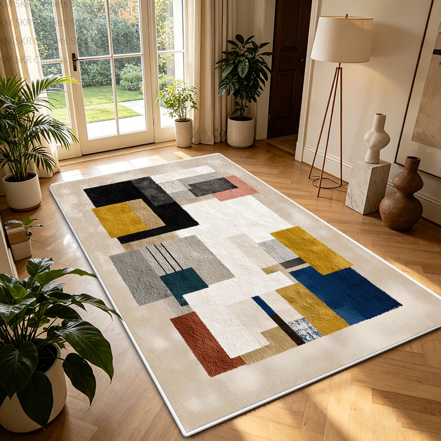 Nordic Geometric Color-Block Washable Living Room Rug – Non-Slip Large Carpet
