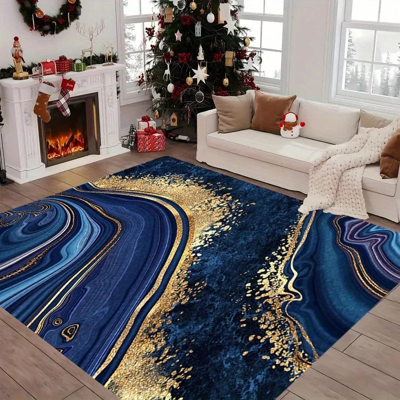 Blue Gold Marble Luxury Flannel Rug Non-Slip Absorbent Large Area Carpet for Living Room Sofa Bedroom Home Decor 120x160cm