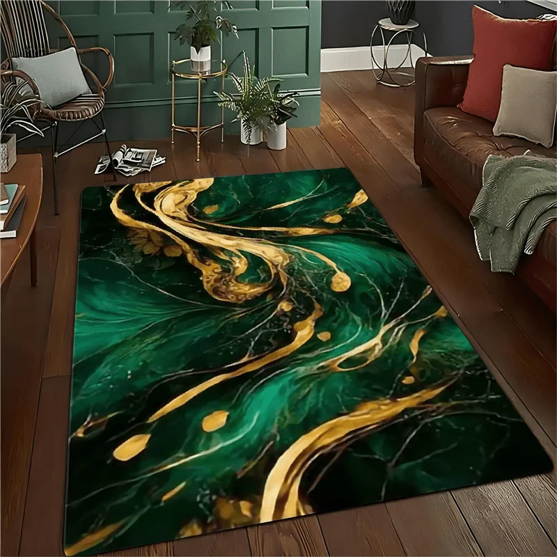 Flannel Printed Green Gold Marble Rug Abstract Art Design Soft Fleece Floor Mat Living Room Carpet Modern Decor Luxury Rugs