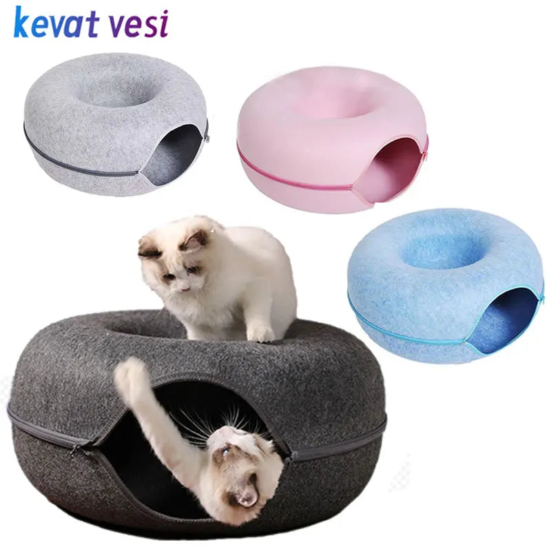 Cat Bed Donut Shape Pet Interactive House for 2 Cats Felt Tunnel Kitten Beds Removable Half Closed Cat Cave Nest Pets Supplies