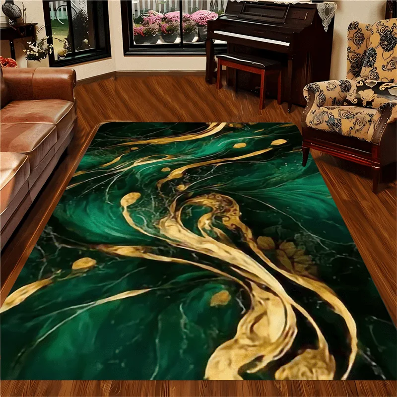 Flannel Printed Green Gold Marble Rug Abstract Art Design Soft Fleece Floor Mat Living Room Carpet Modern Decor Luxury Rugs