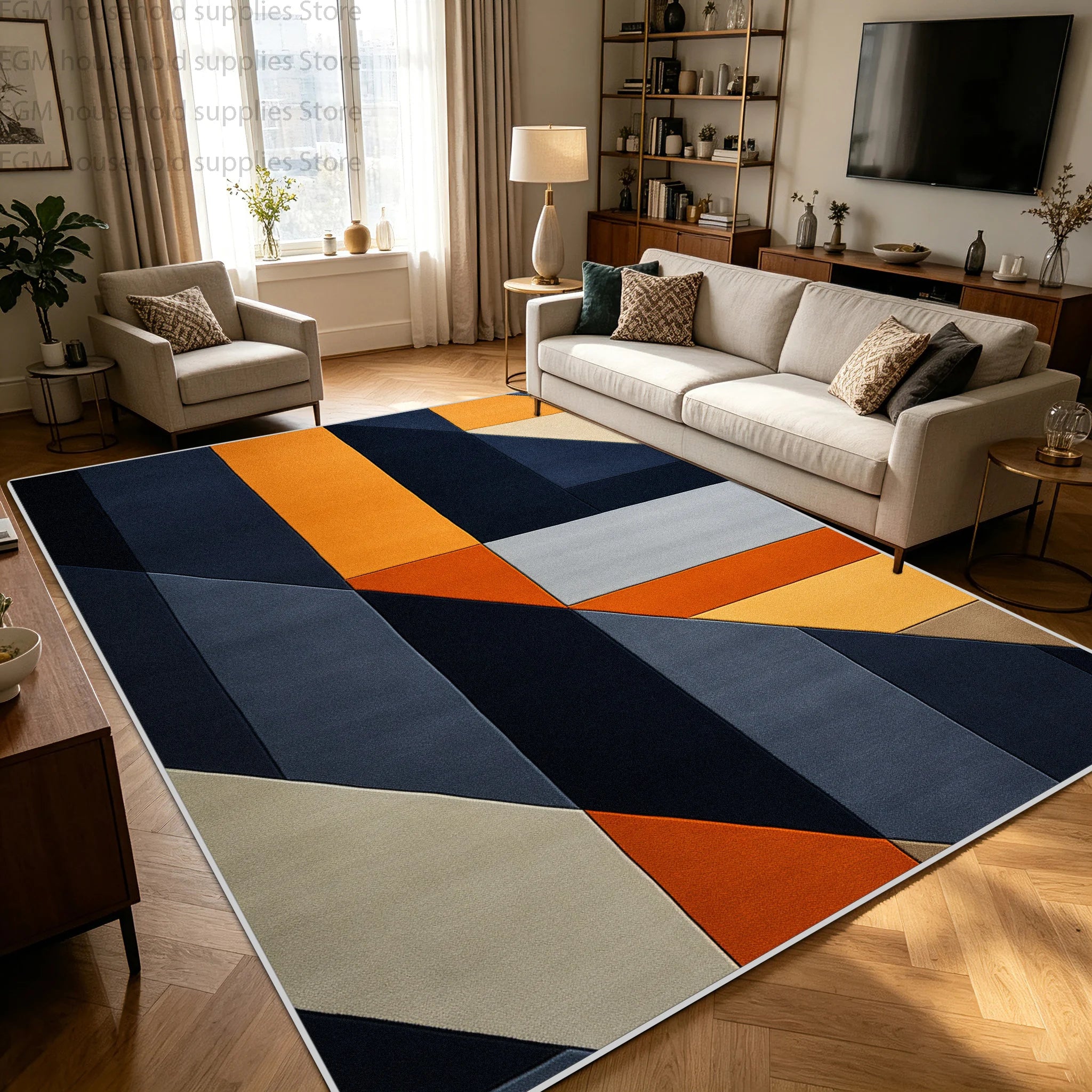 Modern Blue Orange Geometric Abstract Carpet Living Room Large Area Rugs Bedroom Decor Washable Non-slip Soft Fluffy Floor Mat