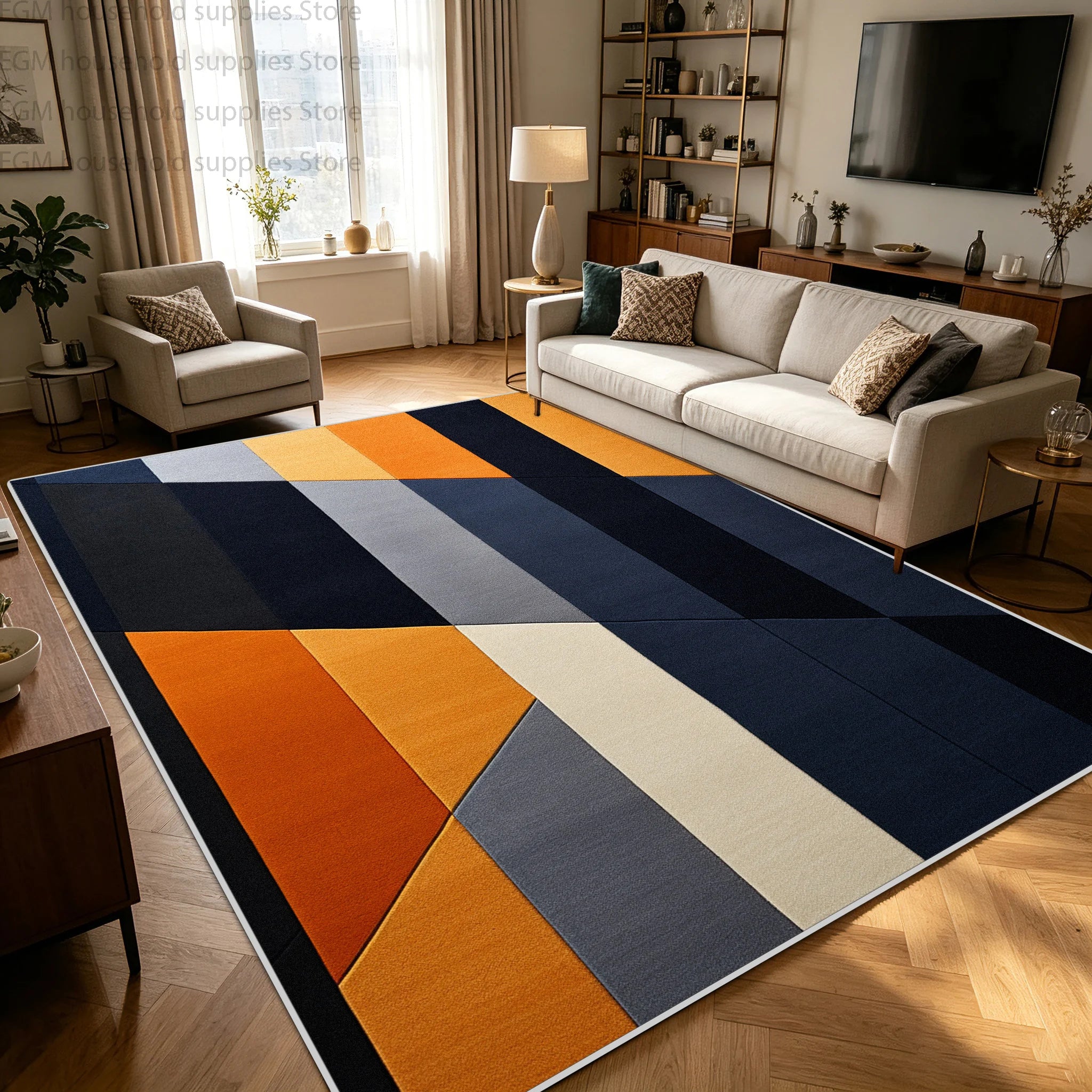 Modern Blue Orange Geometric Abstract Carpet Living Room Large Area Rugs Bedroom Decor Washable Non-slip Soft Fluffy Floor Mat
