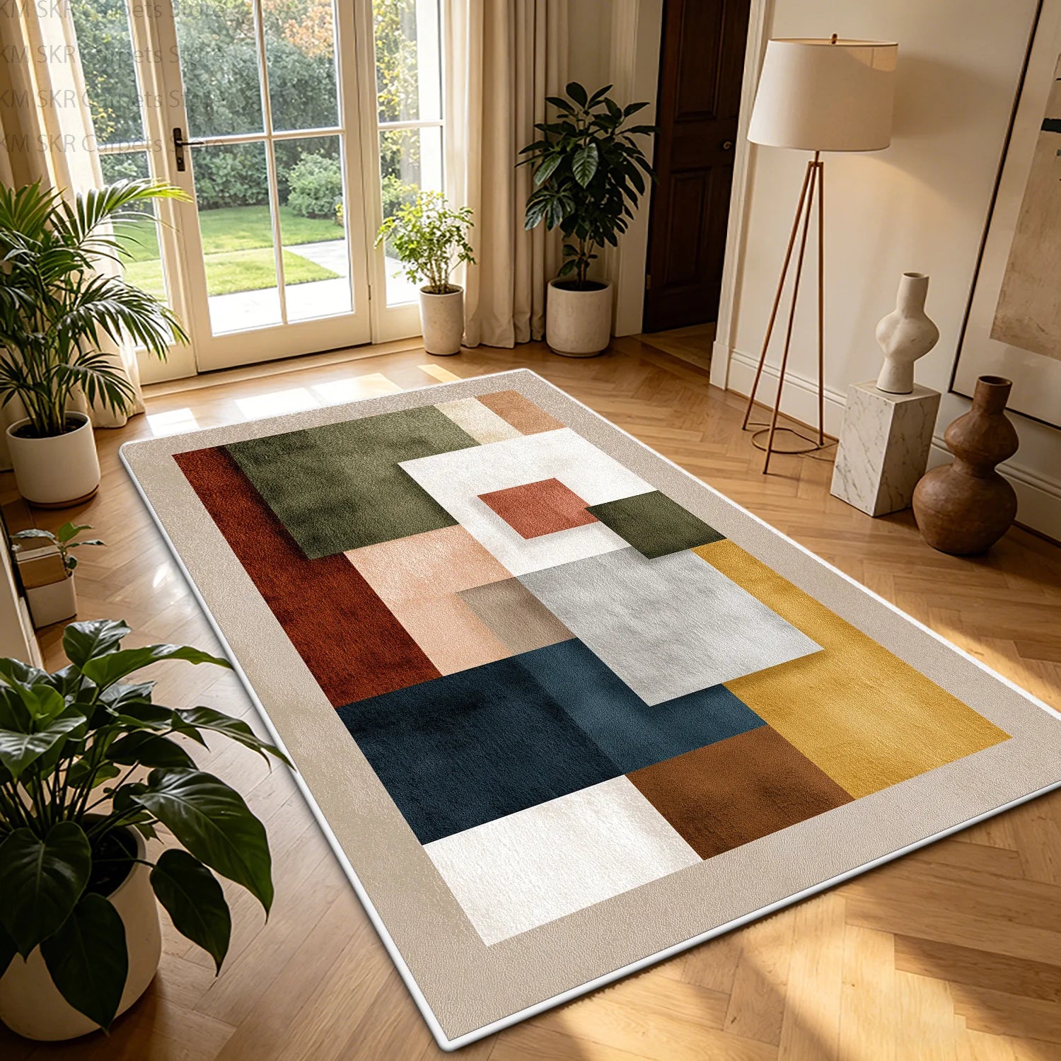 Nordic Geometric Color-Block Washable Living Room Rug – Non-Slip Large Carpet