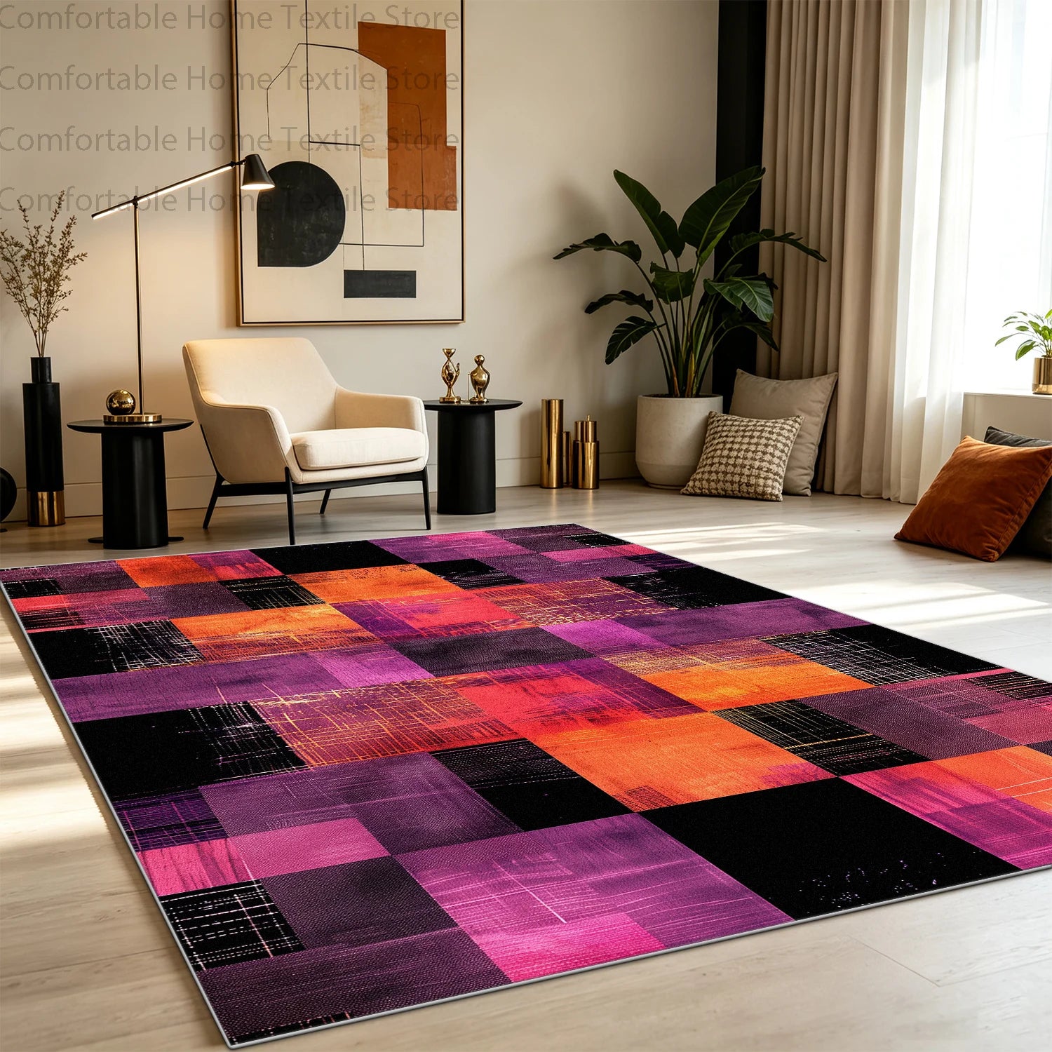 Modern Abstract Style Art Grid Lounge Carpet Non-slip Fluffy Soft Living Room Rug Washable Foldable Big Size Dining Room Mat