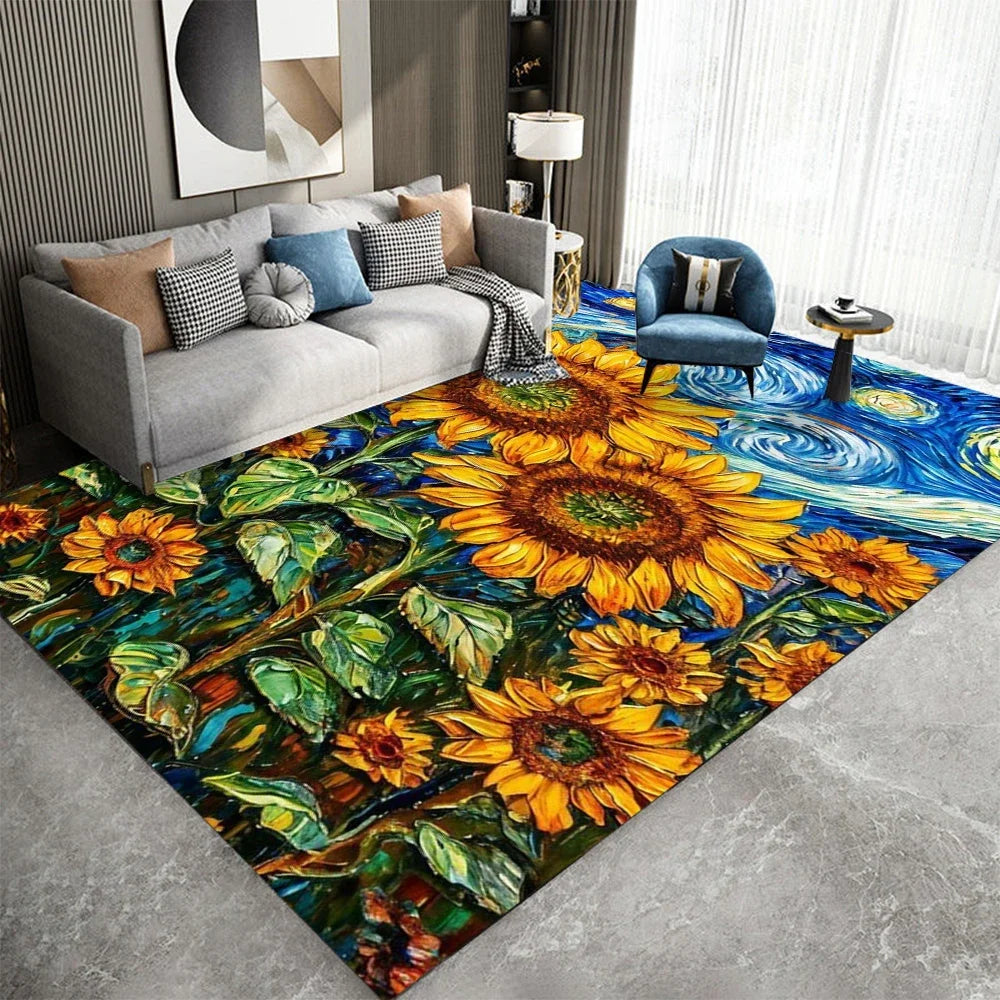 Van Gogh Style Impressionist Art Floor Carpet Starry Night Design Anti-Slip Rug for Kids Room Bedroom Living Room Home Decor