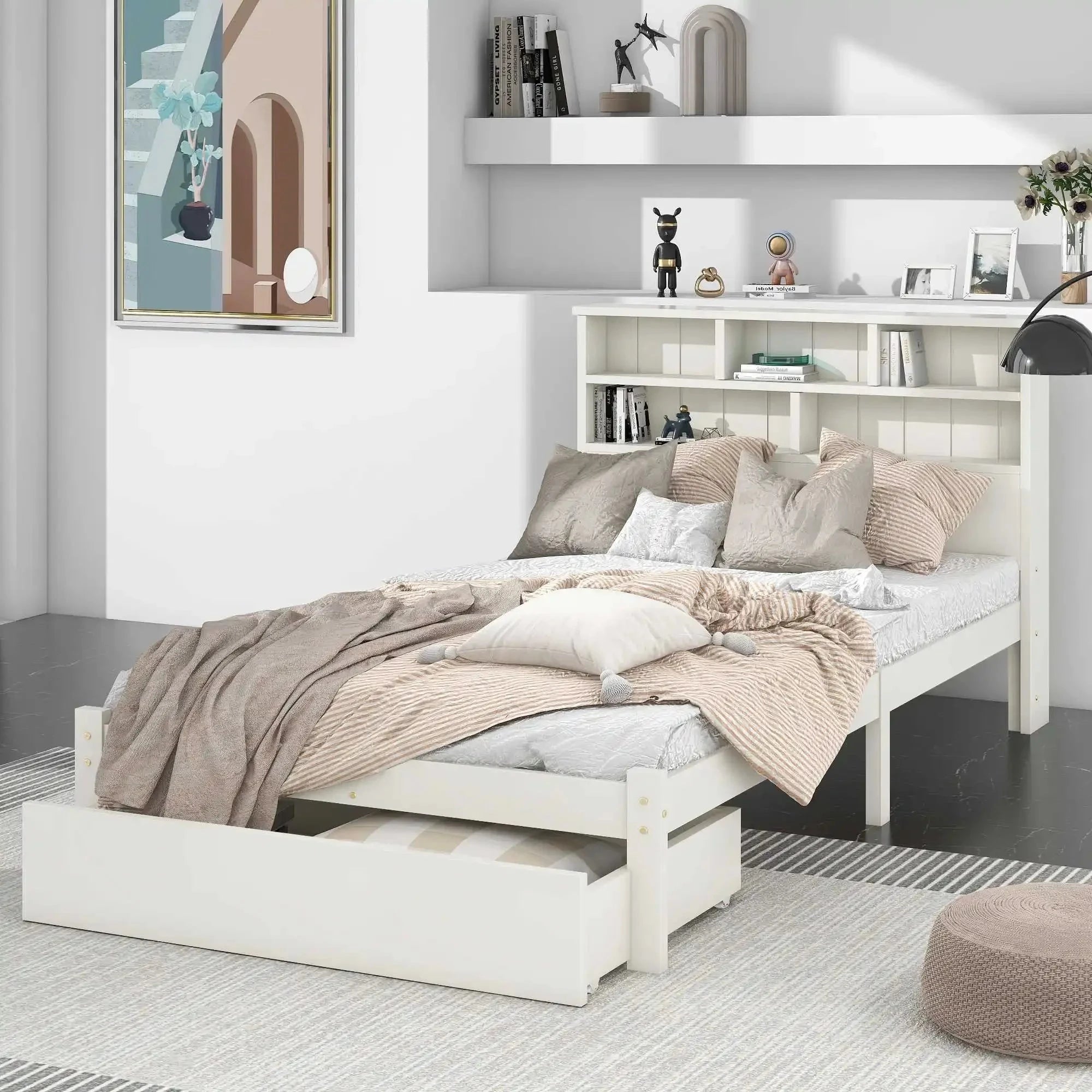 Bed with Shelves White Wooden Storage Bed Underbed Drawer Bed Manwatstore