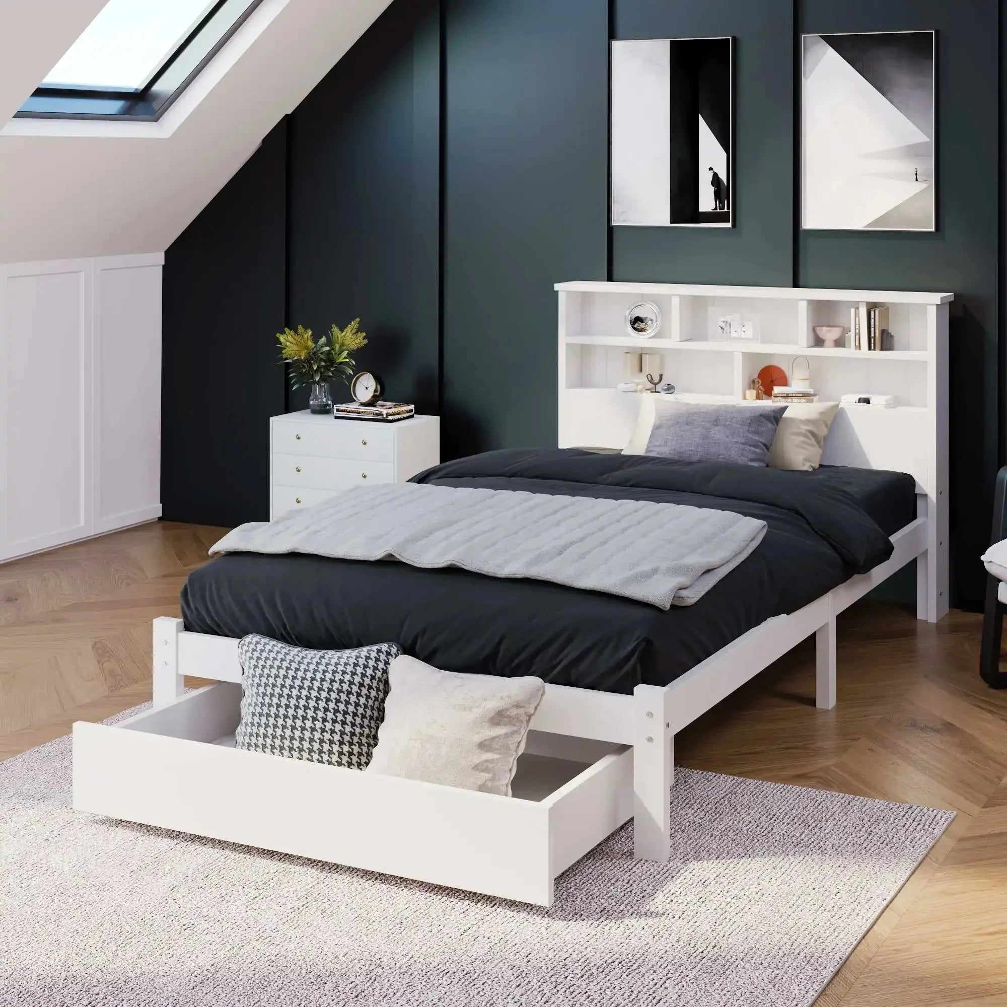 Bed with Shelves White Wooden Storage Bed Underbed Drawer Bed Manwatstore