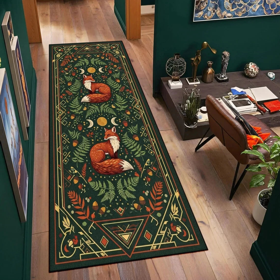 Boho Fox Forest Graphic Runner Rug Moon Phase Fern Print Hallway Mat Non-Slip Welcome Rug for Corridor Kitchen Bedroom Manwatstore