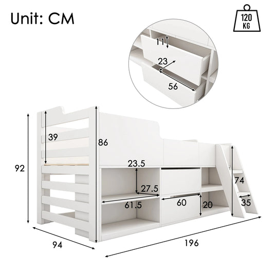 Cabin Bed Frame with Drawers & Shelf Storage – Low Single Wooden Children’s Bed (90 x 190 cm) Frame Only Manwatstore