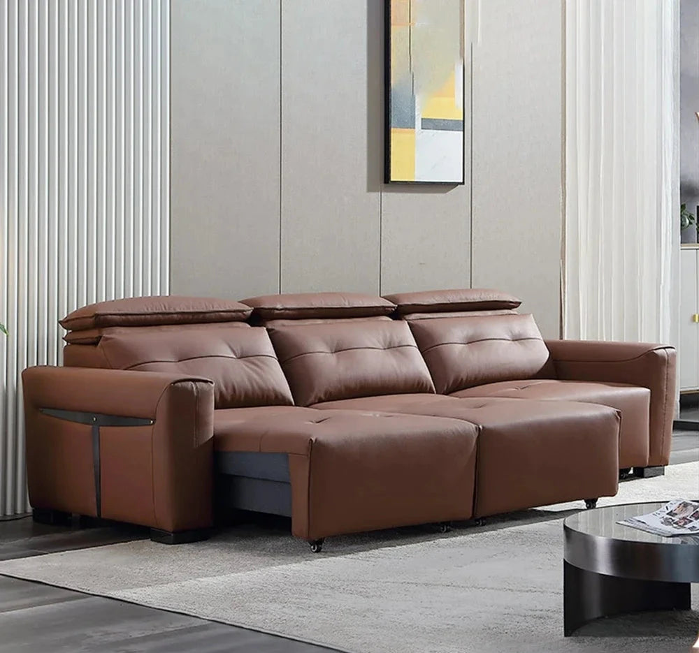Electric Convertible Leather Sofa Bed with Adjustable Headrest Manwatstore