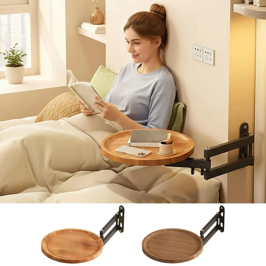 Folding Wall Table For Bed Retractable Wall-Mounted Desk Small Round Desk Wall Mounted tray Rotatable Bedside Storage Holder Manwatstore