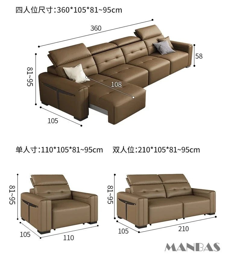 Genuine Leather Electric Convertible Sofa Bed with Adjustable Headrest, Multifunctional Folding Sofa Beds for Cinema Living Room Manwatstore