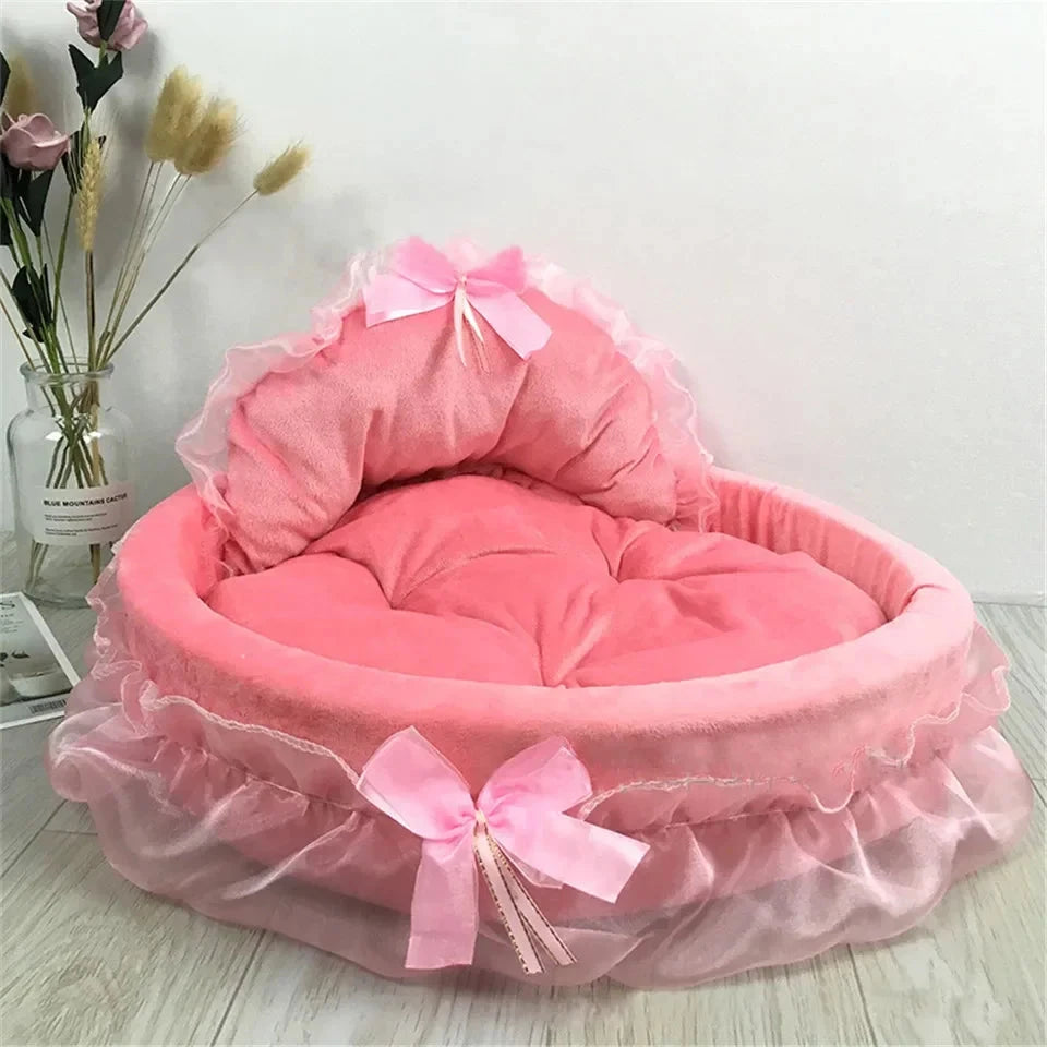 Hanpanda Fantasy Bow Lace Dog Bed Beds For Large Dogs Detachable Oval Pink Princess Pet Bed Basket For Dog Pet Wedding Furniture Manwatstore