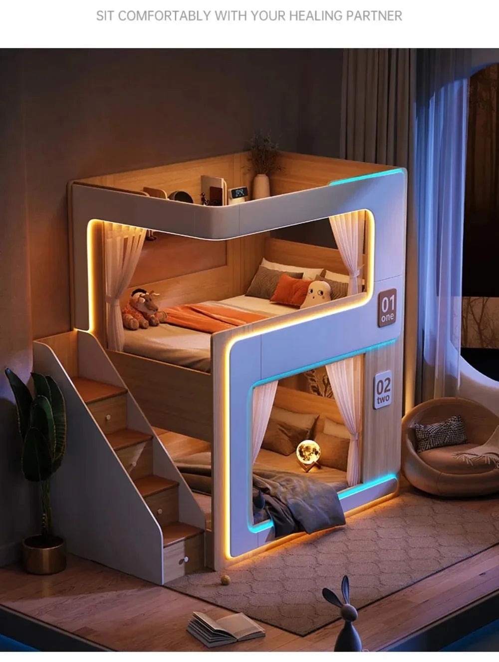 Kids Floating Bunk Bed with Bookshelves & High Guardrail | Twin Loft Bed with Storage Manwatstore