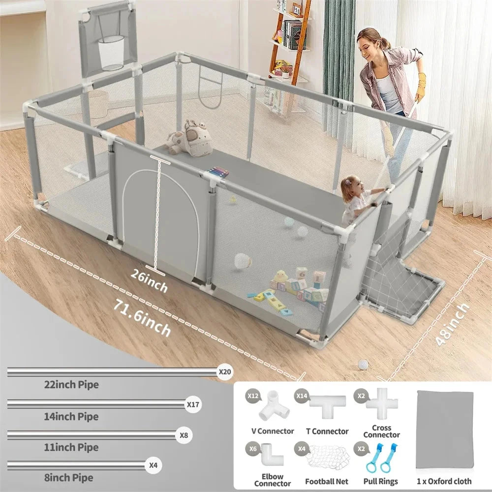 Large Baby Playpen with Basketball Hoop & Football Net – Safe, Spacious & Fun Play Yard for Toddlers Manwatstore