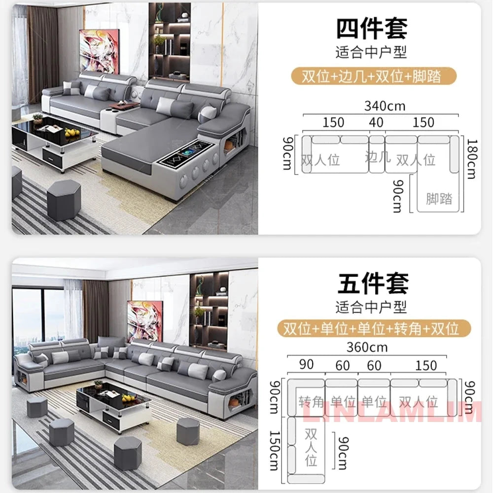 Modern Tech Fabric Sectional Sofa Set with Chaise Lounge, Bluetooth Speakers & USB Charging Ports Manwatstore