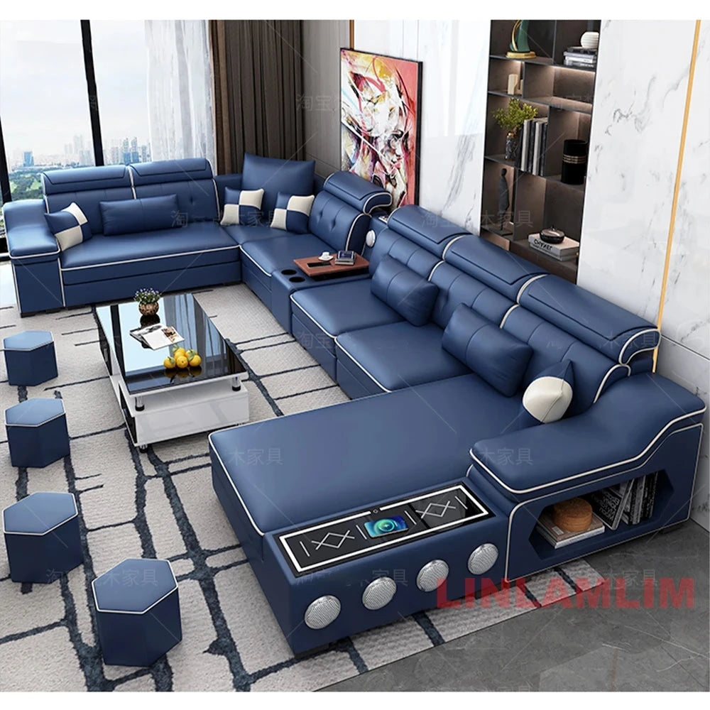 Modern Tech Fabric Sectional Sofa Set with Chaise Lounge, Bluetooth Speakers & USB Charging Ports Manwatstore