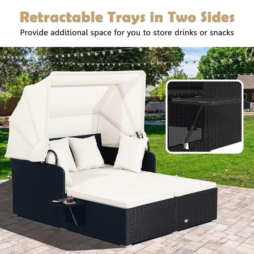Patio Rattan Daybed With Retractable Canopy And Side Tables 0 Manwatstore
