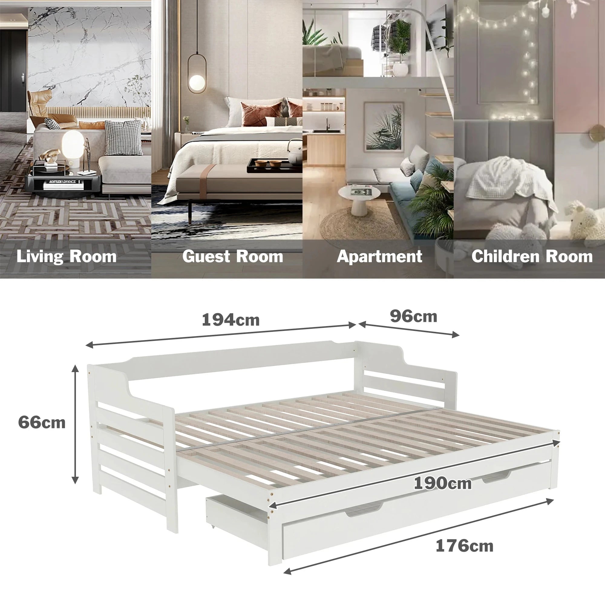 PureNest™ Single Guest Sofa Bed with Pull-Out Trundle (3FT / 90 × 190 cm) – White Manwatstore