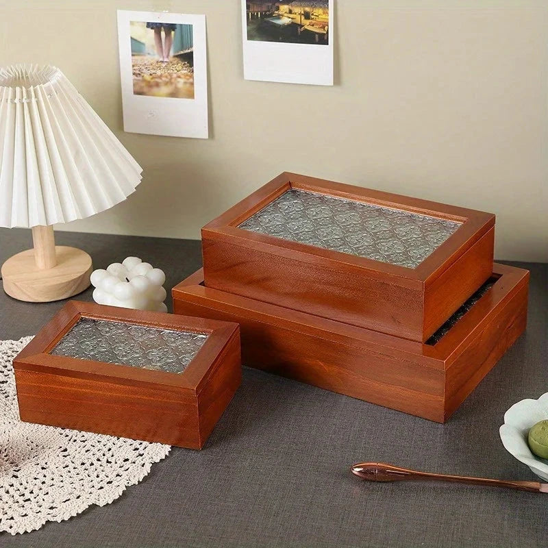 Retro Crabapple Flower Glass-Covered Solid Wood Storage Box – Dust-Proof Keepsake & Home Organizer Manwatstore