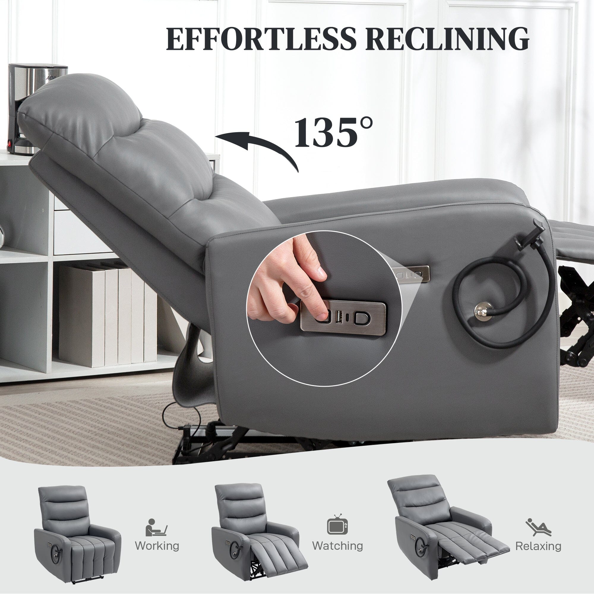 TechLounge Electric Recliner Chair with Phone Holder & USB Charging – Grey Manwatstore
