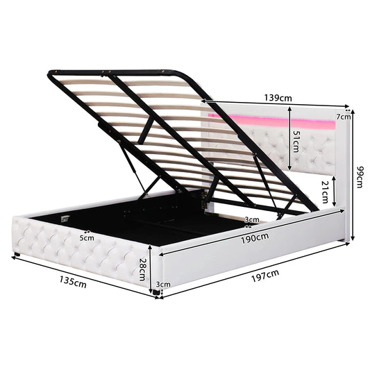 Upholstered Bed with Slatted Frame, Storage Space & Multi-Color LED Lighting (PU Leather) Bed Manwatstore