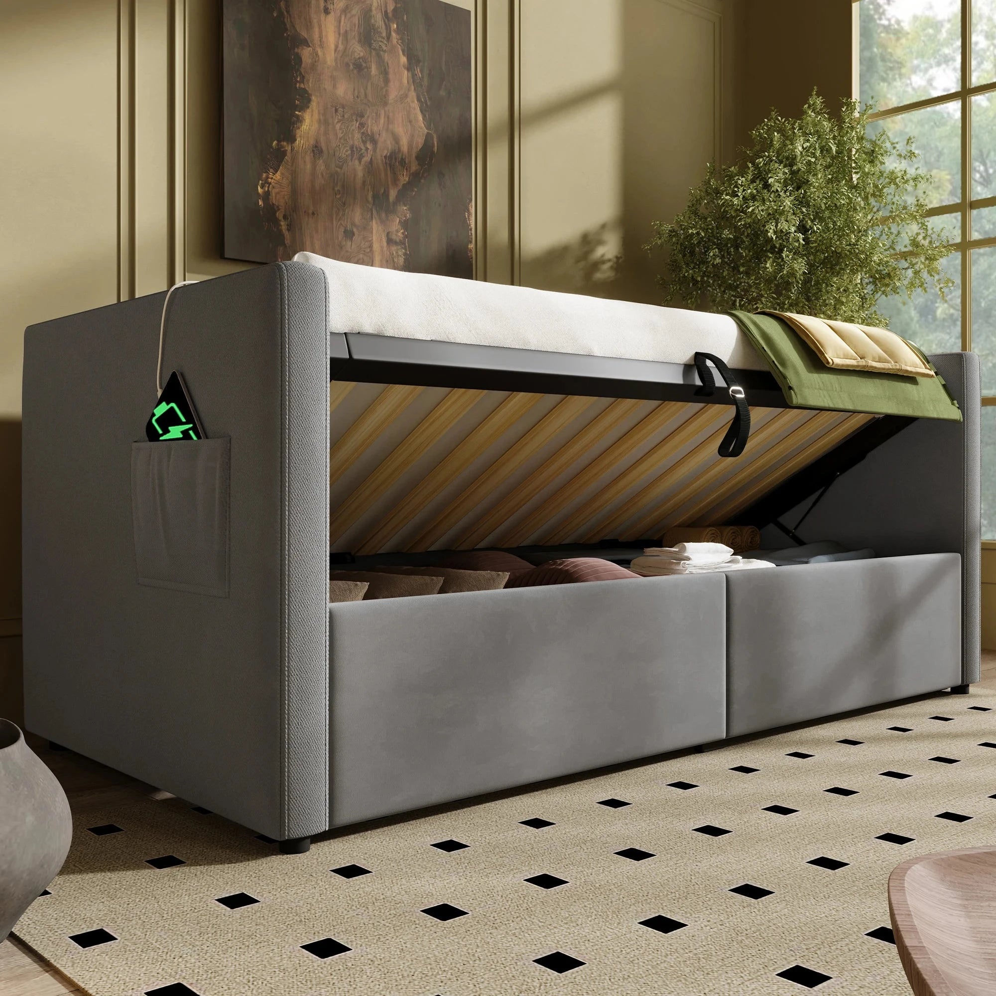 UrbanLift™ Upholstered Single Sofa Bed with Hydraulic Storage (90 × 190 cm / 3FT) Manwatstore