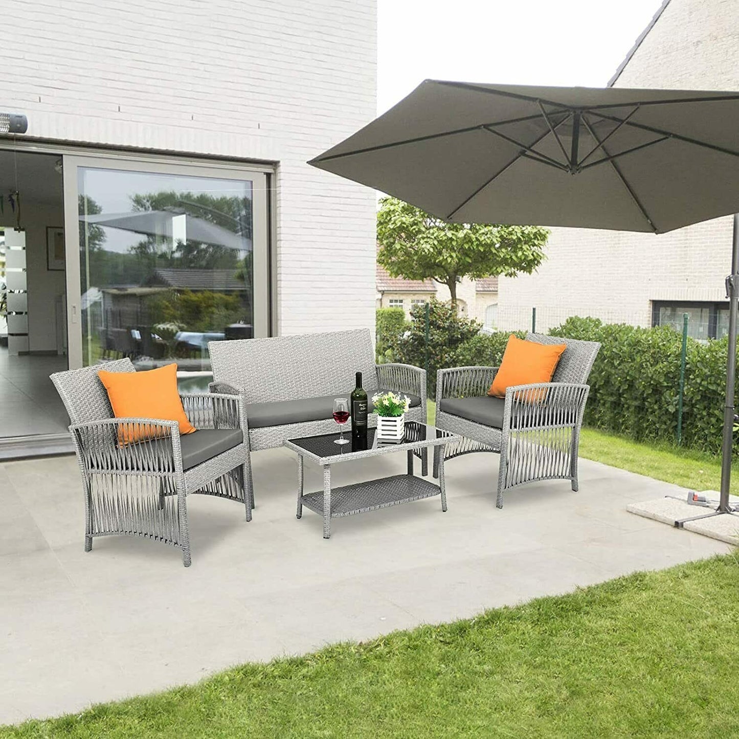 4pcs Garden Lounge Set with Cushions Glass Table Manwatstore
