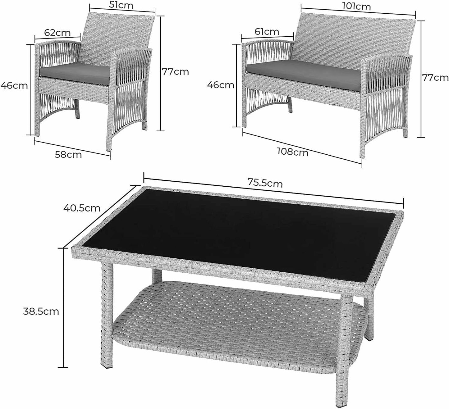 4pcs Garden Lounge Set with Cushions Glass Table Manwatstore