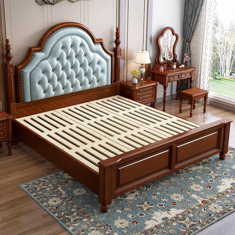 American Style Solid Wood Double Bed With Genuine Soft Leather Beds & Bed Frames Manwatstore