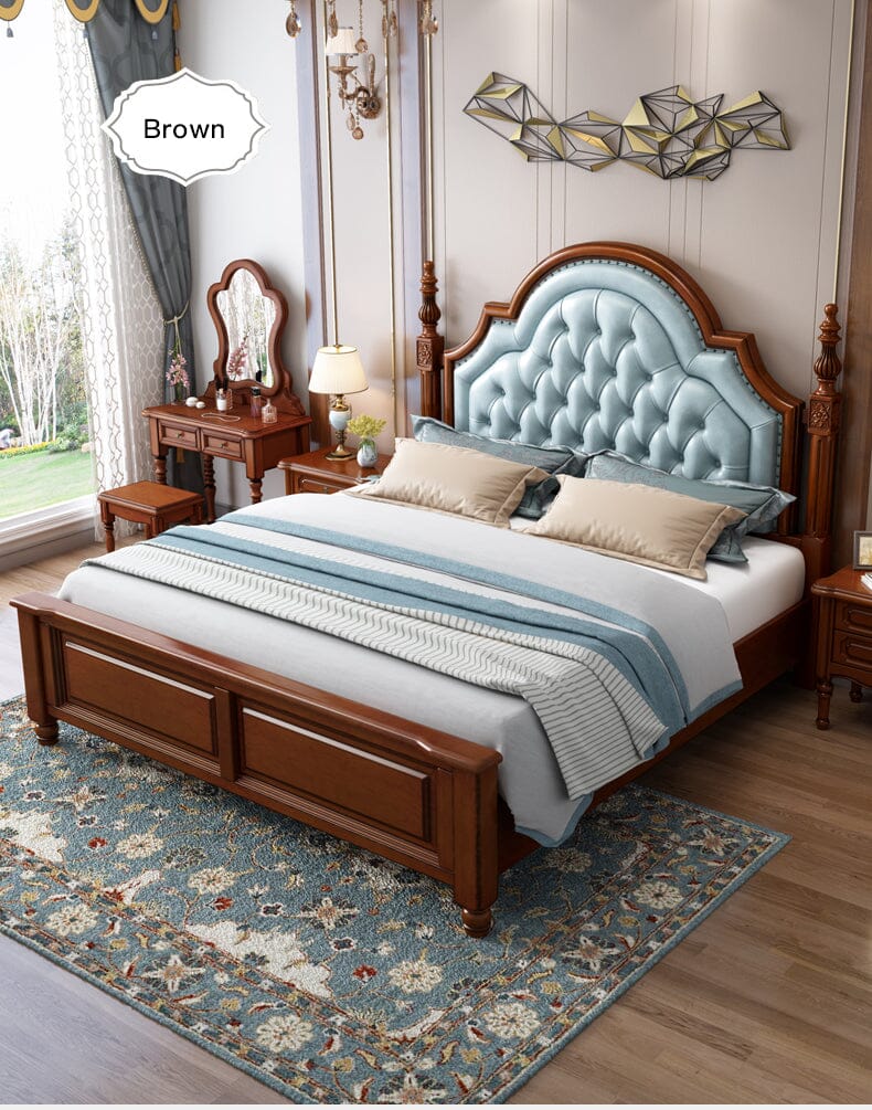 American Style Solid Wood Double Bed With Genuine Soft Leather Beds & Bed Frames Manwatstore