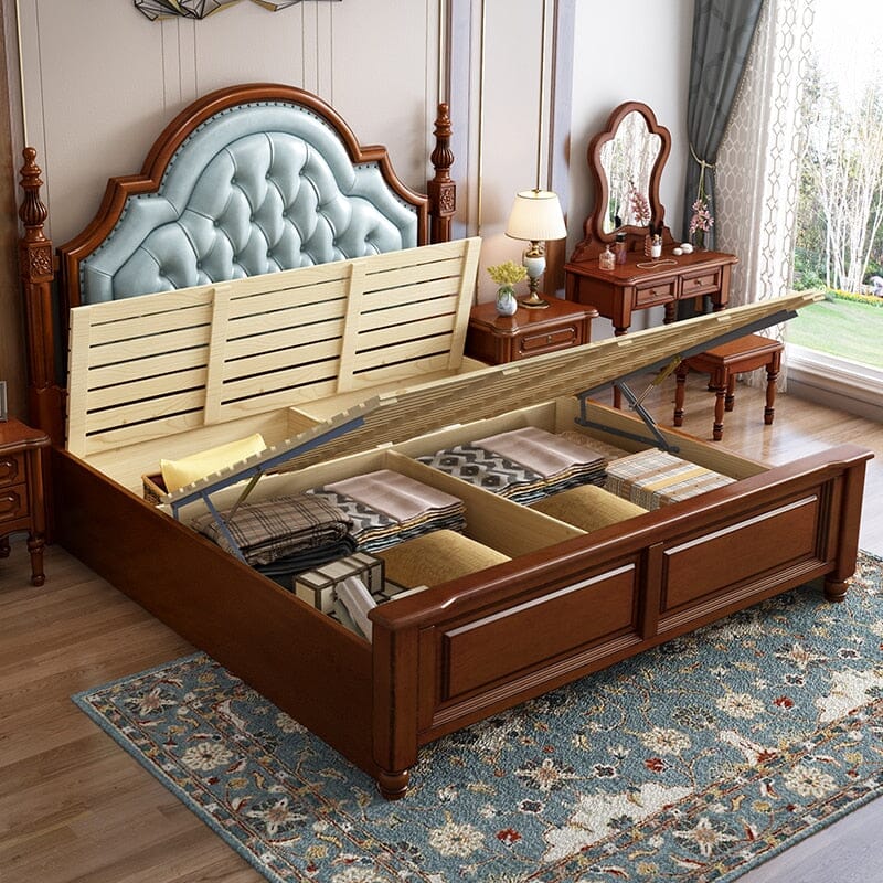 American Style Solid Wood Double Bed With Genuine Soft Leather Beds & Bed Frames Manwatstore