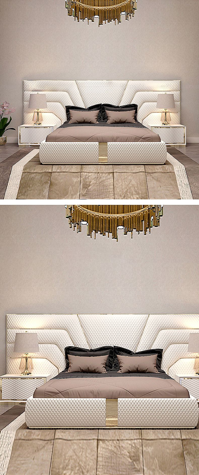 Italian Luxury King Size Bed Frame with Side Tables and Mattress Manwatstore