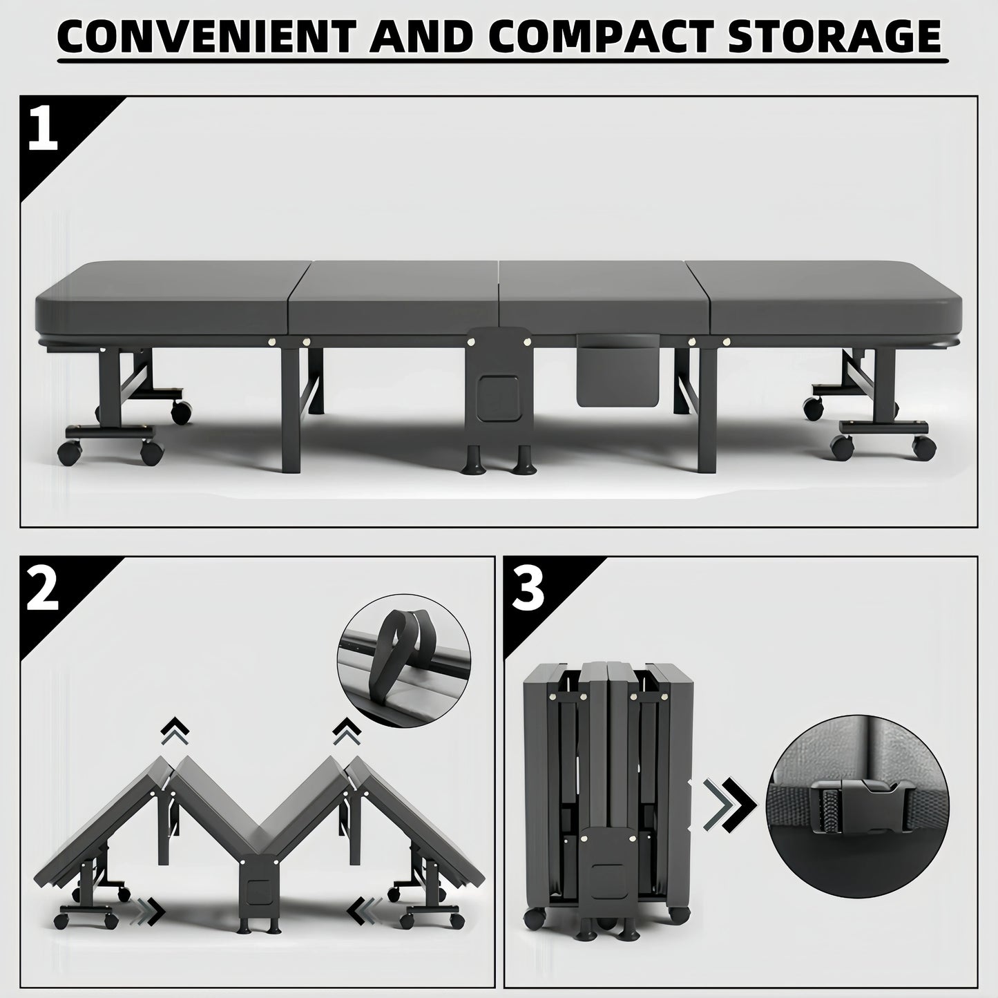 1 Dust Cover for a Folding Bed or 1 Folding Bed, Multifunctional Tech Fabric with High-Density Foam Mattress, Compact Storage Space, Single Bed, Folds into a Quarter, Easy to Assemble, with Wheels, Lightweight, Portable Iron Manwatstore