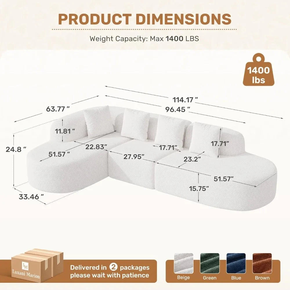 114-inch Frameless Sofa, Modern Modular Sofa with Chaise Lounge, L-shaped Cloud-shaped Sofa Manwatstore