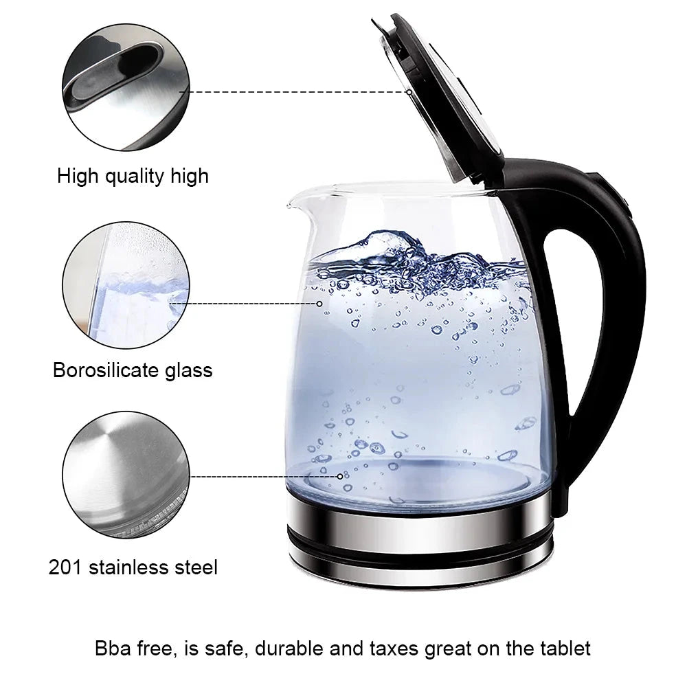 1.8L Glass Electric Kettle Fast Boil 1800W with Blue LED Light, Auto Shut-Off &amp; Dry Boil Protection (220V) Manwatstore