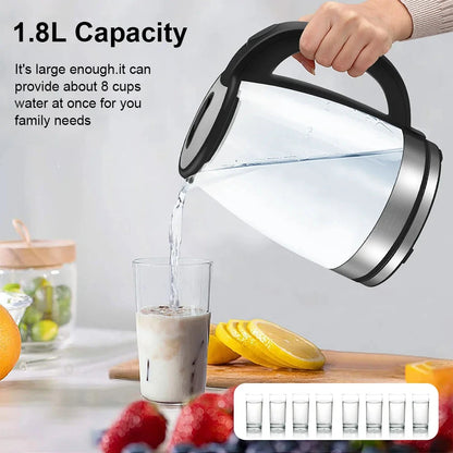 1.8L Glass Electric Kettle Fast Boil 1800W with Blue LED Light, Auto Shut-Off &amp; Dry Boil Protection (220V) Manwatstore