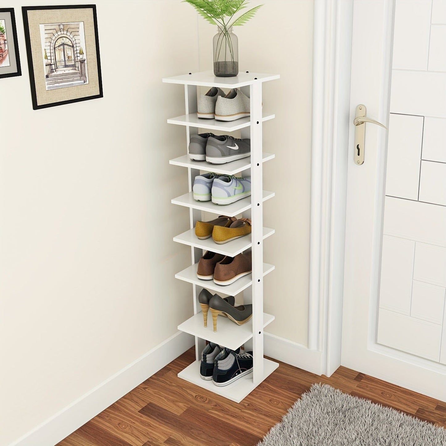1pc 7-Tier Wooden Shoe Storage Stand, Slim Shoe Rack Organizer For Home Entryway, White Shoebox, Multi-Function Shelf, Space-Saving, 43.5-inch Height, For Shoes, Boots, And Plants Manwatstore