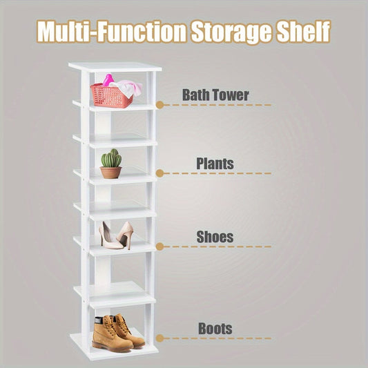 1pc 7-Tier Wooden Shoe Storage Stand, Slim Shoe Rack Organizer For Home Entryway, White Shoebox, Multi-Function Shelf, Space-Saving, 43.5-inch Height, For Shoes, Boots, And Plants Manwatstore