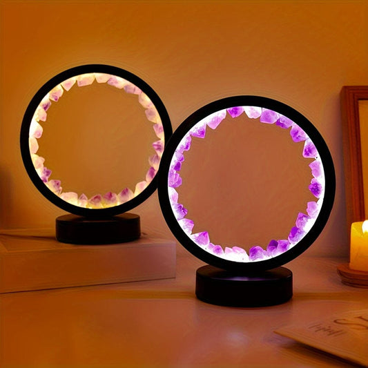 1pc, Rechargeable LED Bedside Lamp with Natural Quartz Amethyst Cluster - Soothing Night Light for Bedroom and Desk - Decorative Circle Lights Manwatstore