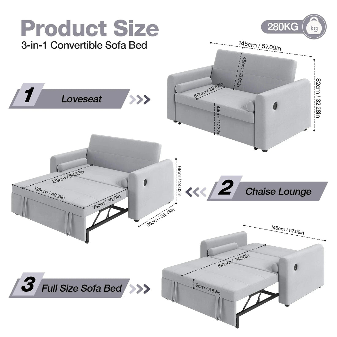 2-Seater 3-in-1 Convertible Corner Sofa Bed – USB &amp; Type-C Equipped Manwatstore