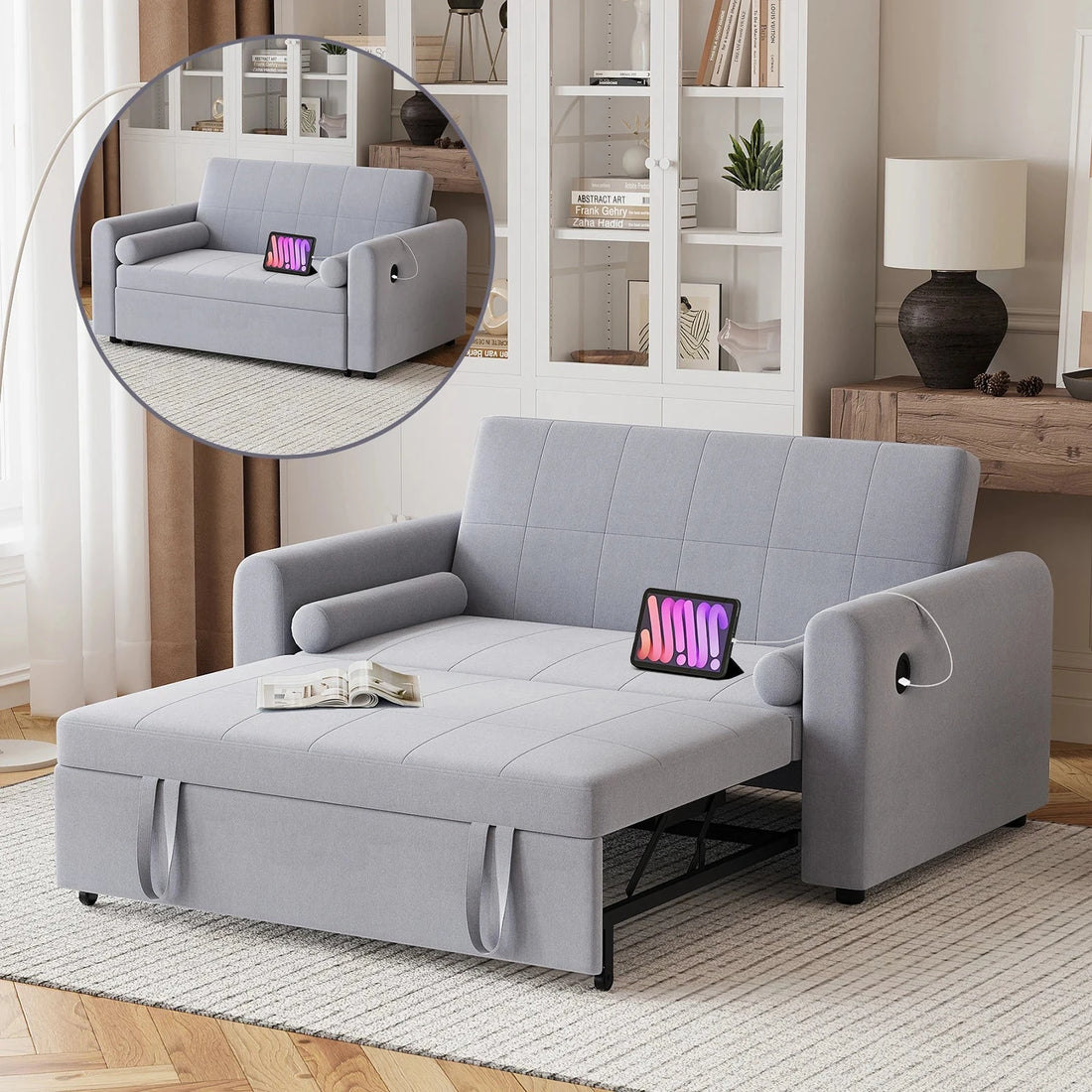 2-Seater 3-in-1 Convertible Corner Sofa Bed – USB &amp; Type-C Equipped Manwatstore