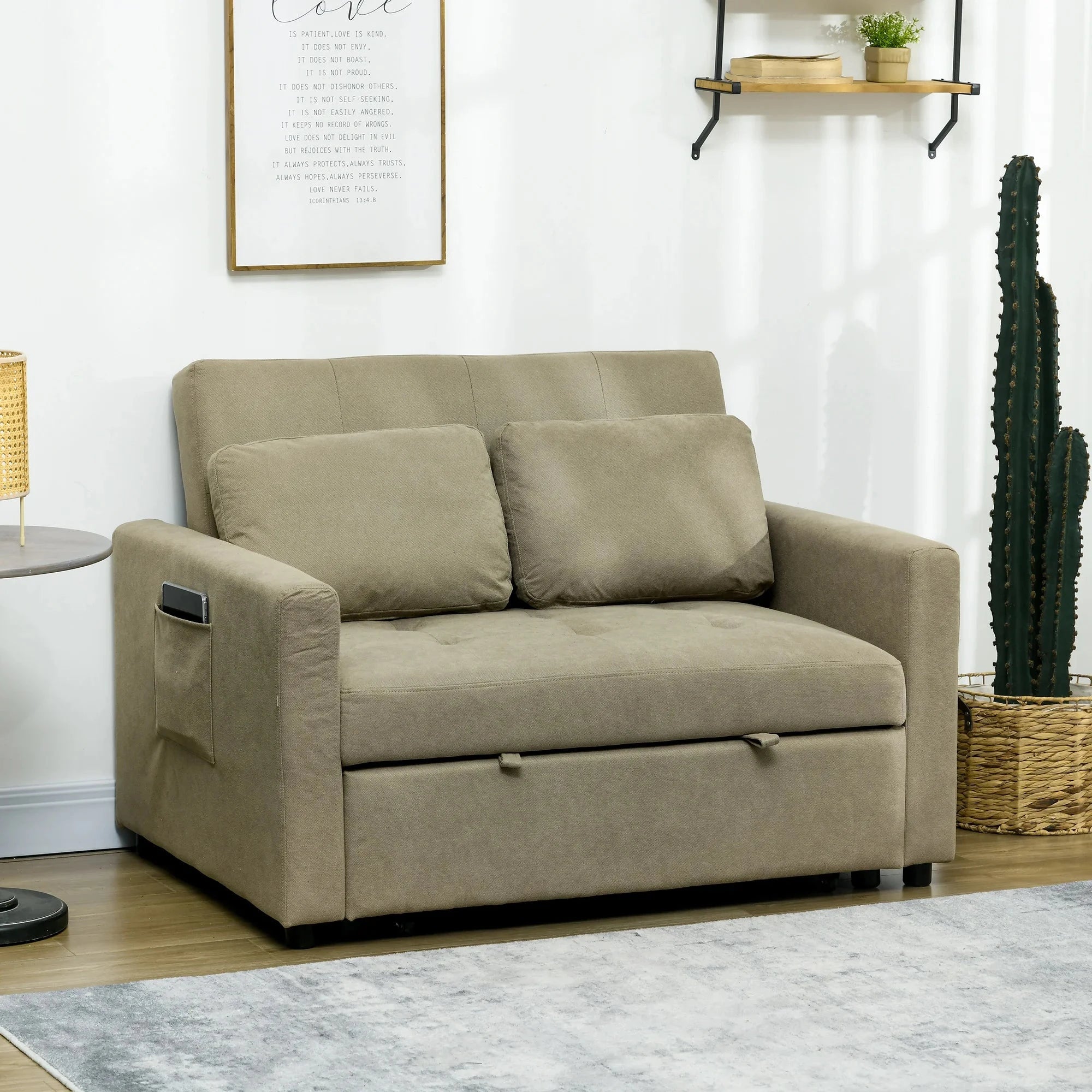 2-Seater Convertible Sofa Bed Settee with Cushions &amp; Side Storage Pockets sofa bed Manwatstore