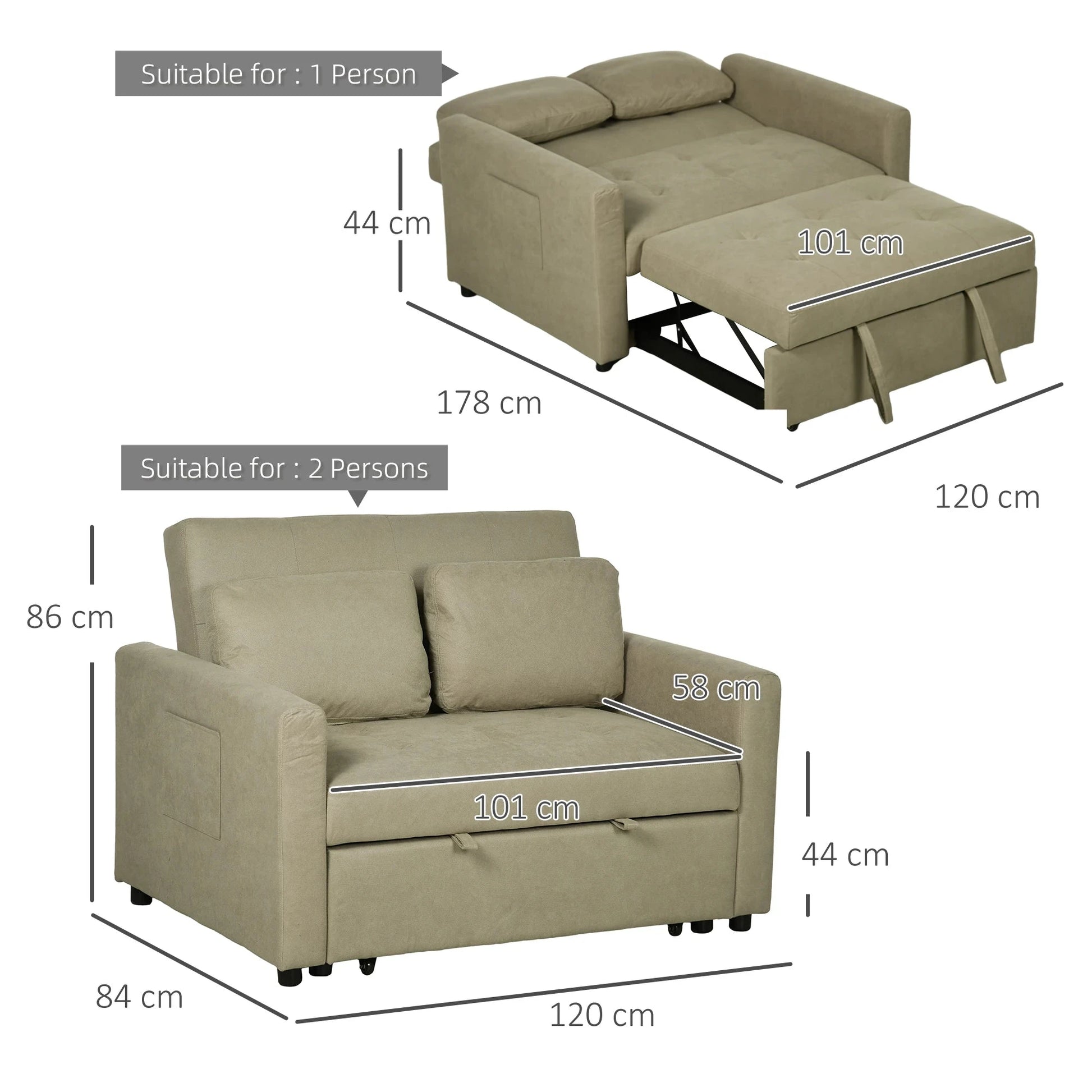 2-Seater Convertible Sofa Bed Settee with Cushions & Side Storage Pockets sofa bed Manwatstore